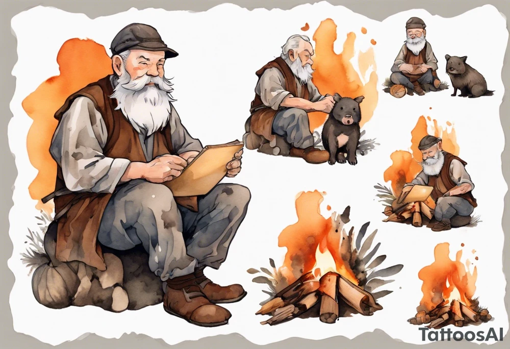 a 55-year-old large Bavarian man with a grey beard wearing a brown and black tunic sitting by a campfire with his pet boar tattoo idea