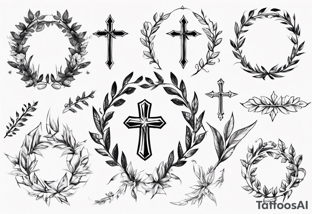 Cross wreath leaves tattoo idea