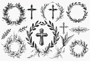 Cross wreath leaves tattoo idea