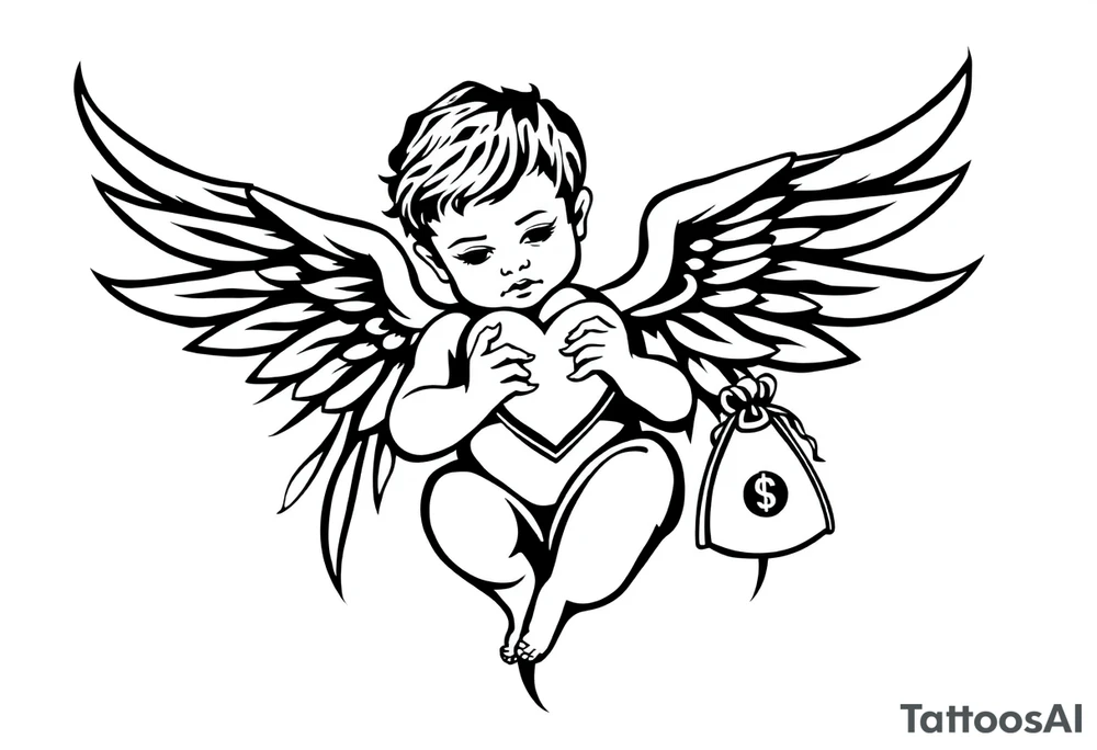 a baby angel holding a heart in one hand and a money bag in the other tattoo idea