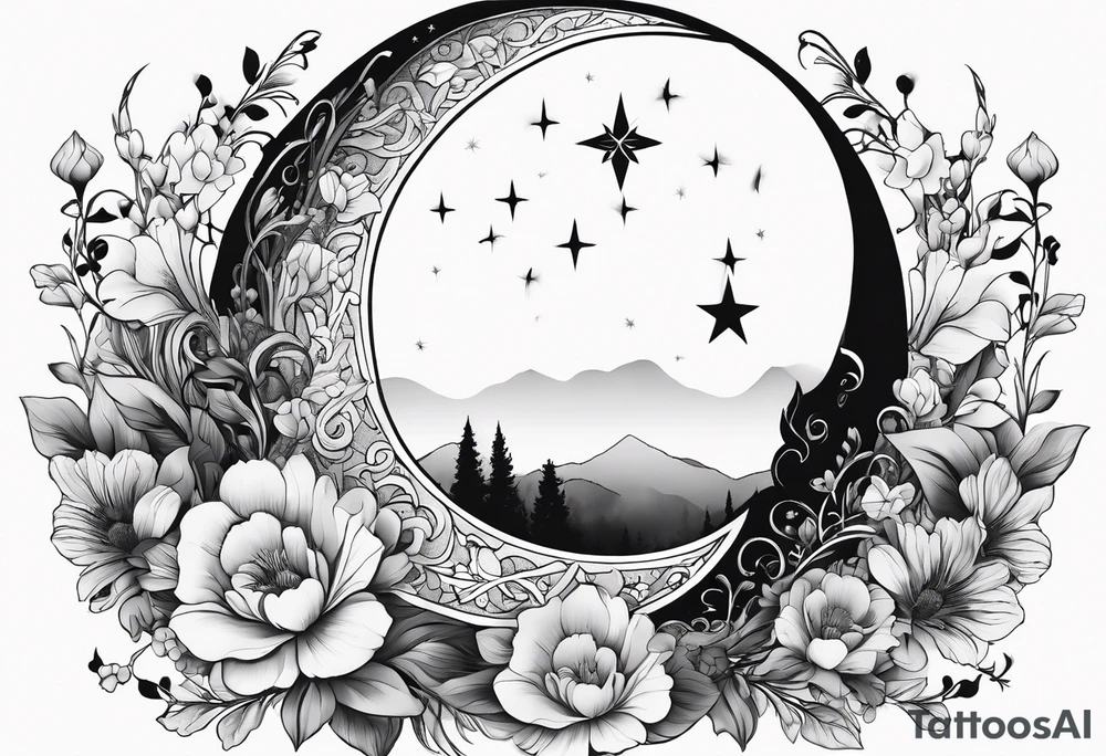 Crescent moon with a heart inside, shrouded by beautiful flowers with wisps of mist tattoo idea