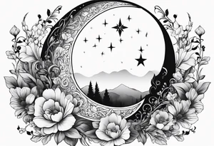 Crescent moon with a heart inside, shrouded by beautiful flowers with wisps of mist tattoo idea