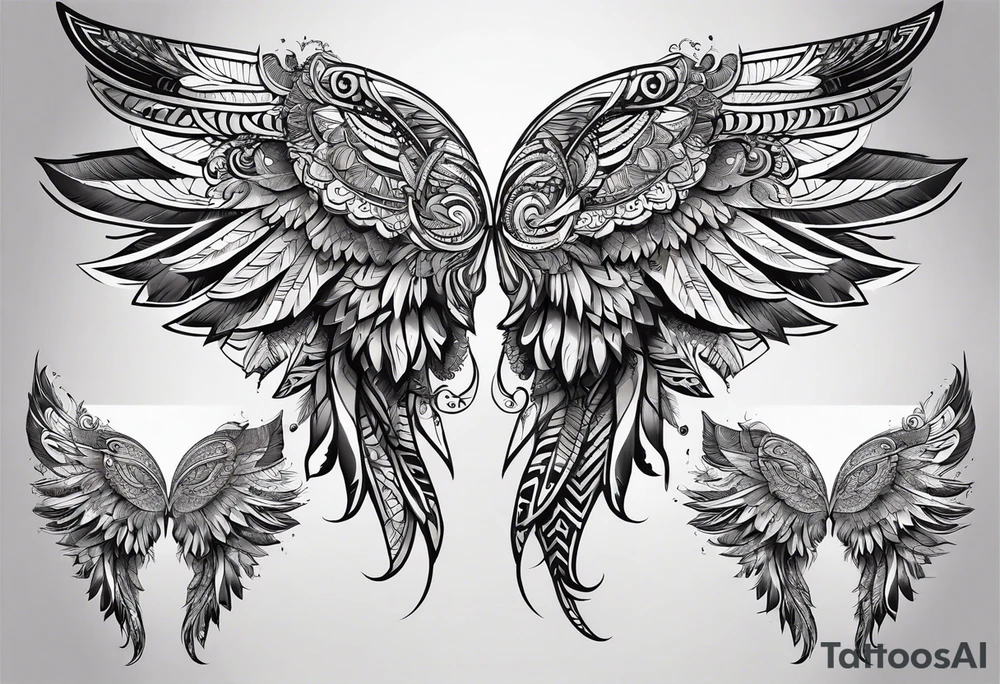 wings with filigree and african tribal patterns for a sleeve tattoo idea