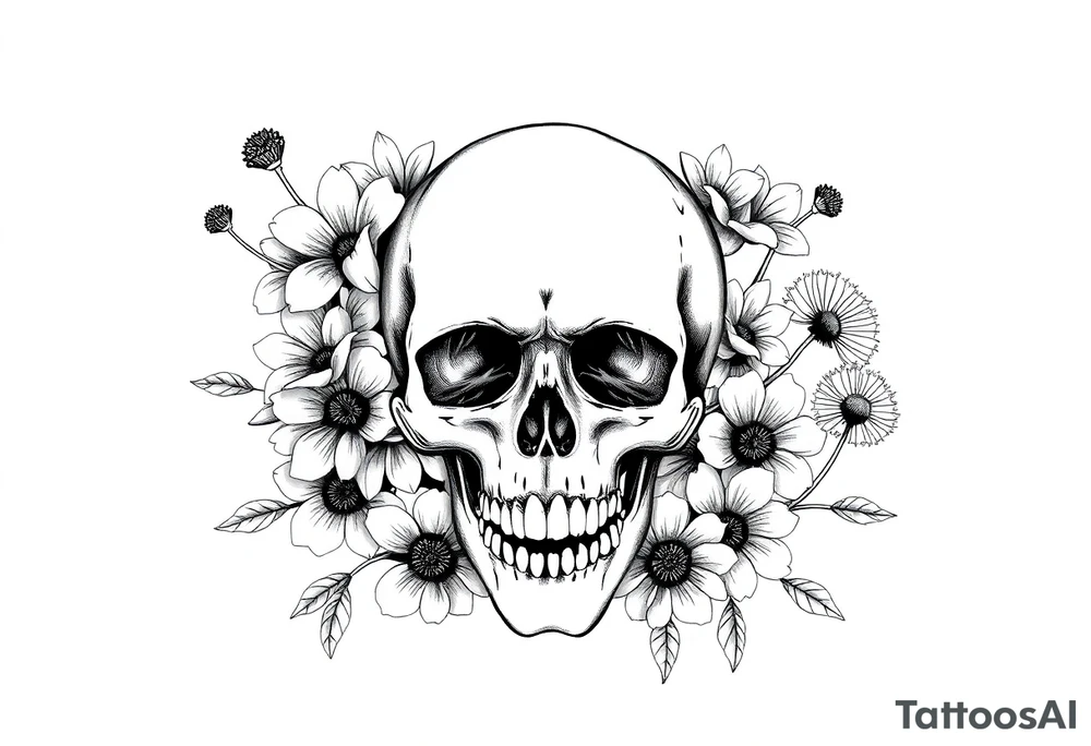Skull surrounded by honeysuckles and dandelions tattoo idea Skull surrounded by honeysuckles and dandelions tattoo idea