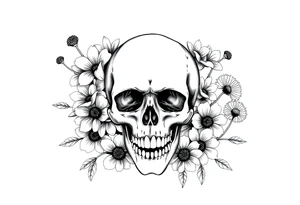 Skull surrounded by honeysuckles and dandelions tattoo idea