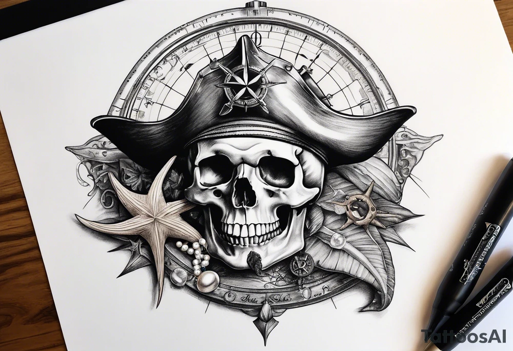 Nautical pirate themed compass with a skull, oyster with pearl, shark and starfish. Placed on the shoulder tattoo idea