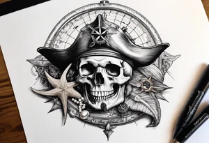 Nautical pirate themed compass with a skull, oyster with pearl, shark and starfish. Placed on the shoulder tattoo idea