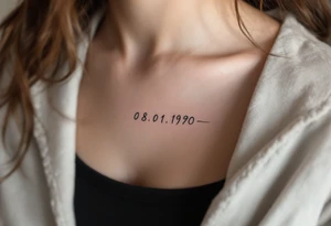 Handwritten-style 08.01.1990 on the collarbone in soft gray with a pale pink underline. tattoo idea