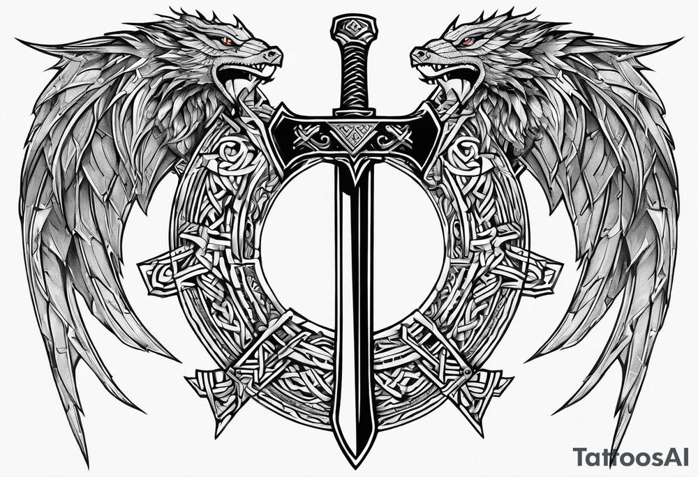 Valhalla sword shield dragon axe Valknut barbed wire chains tribal tattoo idea Valhalla sword shield dragon axe Valknut barbed wire chains tribal tattoo idea