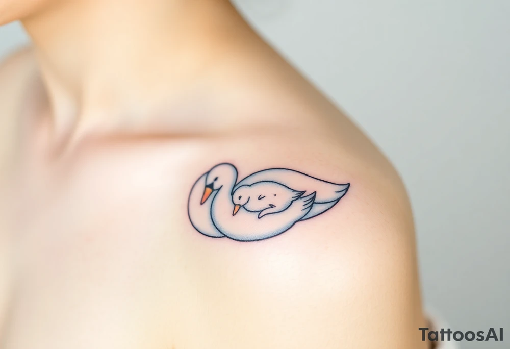 A swan with her baby duck nestled in her wings, in soft white and light blue hues, symbolizing purity and warmth tattoo idea