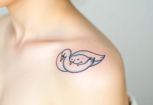 A swan with her baby duck nestled in her wings, in soft white and light blue hues, symbolizing purity and warmth tattoo idea