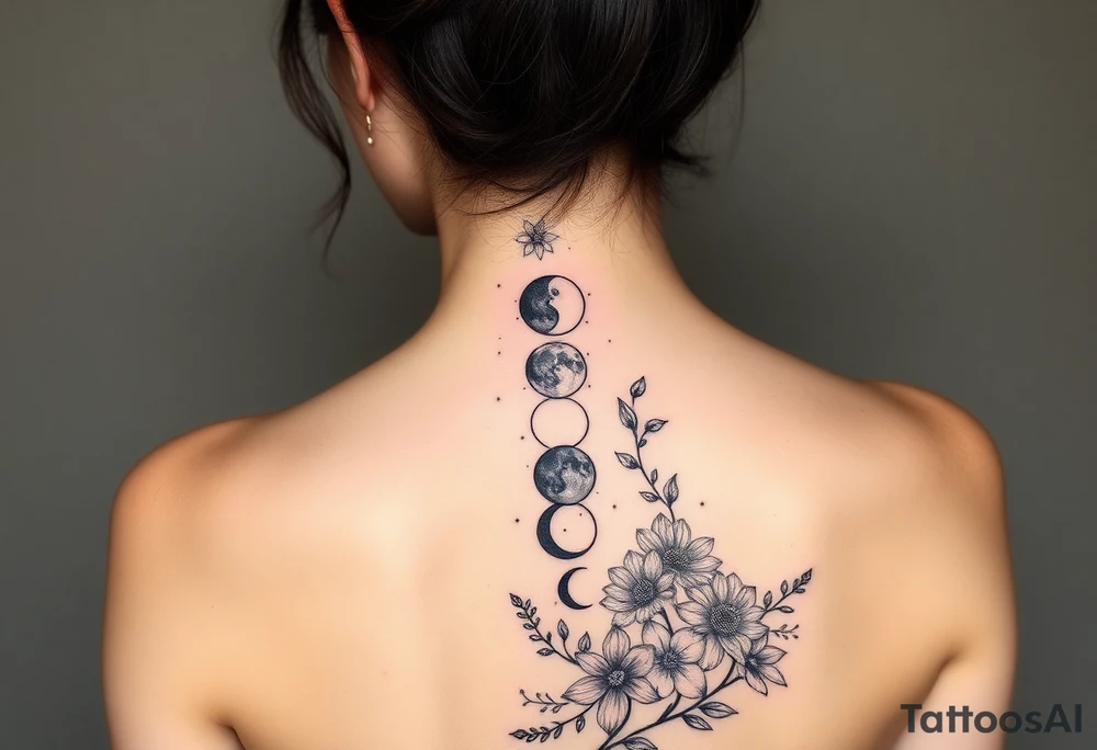 new moon, waxing crescent, first quarter, waxing gibbous, full moon, waning gibbous, third quarter, and waning crescent detailed down the spine with vines and different flowers along the sides shading and color tattoo idea