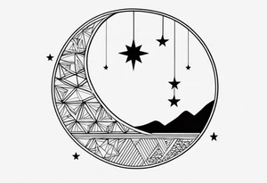 geometric simple moon with triangles and stars tattoo idea
