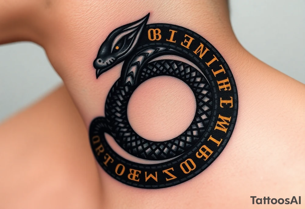 An obsidian black Ouroboros snake forming cyrcle with golden runes carved into its scales, creating a mystical, ancient feel. tattoo idea