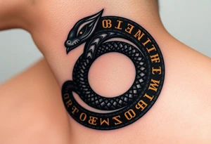An obsidian black Ouroboros snake forming cyrcle with golden runes carved into its scales, creating a mystical, ancient feel. tattoo idea