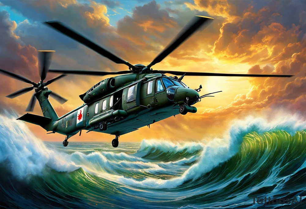 A cinematic-style tattoo depicting a Canadian military CH-148 Cyclone helicopter performing a daring maneuver over a turbulent ocean. The sky should be filled with dramatic clouds, and the sun should be setting, casting long shadows. The helicopter should be the main focus, with intricate details and a sense of motion. In the background, a poppy should be prominently displayed, and a quote from 'Lest We Forget' should be included, black and white tattoo idea