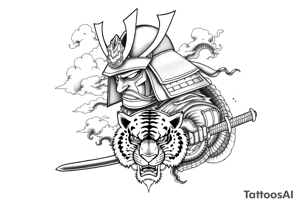 samurai warrior wearing a helmet. Some clouds around, with a tiger’s head beneath, and a samurai sword. This should be a good tattoo for forearm. Add a dragon going around them tattoo idea