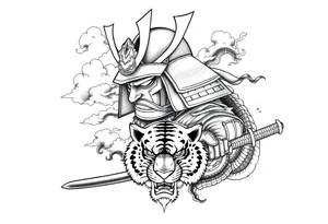 samurai warrior wearing a helmet. Some clouds around, with a tiger’s head beneath, and a samurai sword. This should be a good tattoo for forearm. Add a dragon going around them tattoo idea