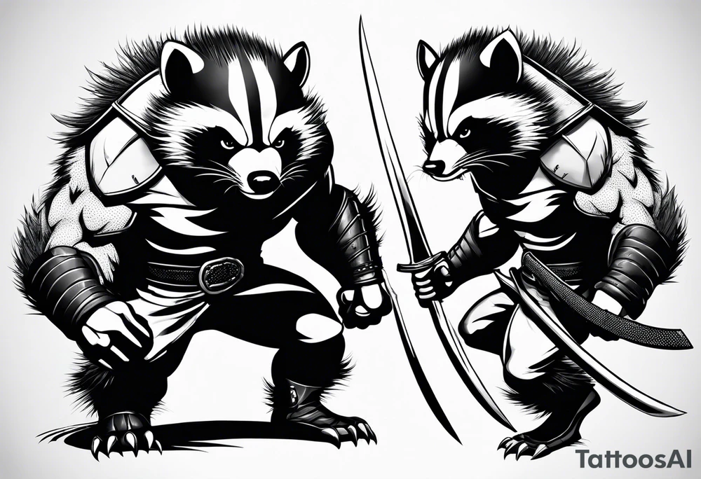 Draw me badger/wolverine with aggressive full body show, killer face with cute smile, very long nails and he attacks like a Turkish gladiator to enemy and also he has very deadly looking. The only weapon is his braveness. tattoo idea
