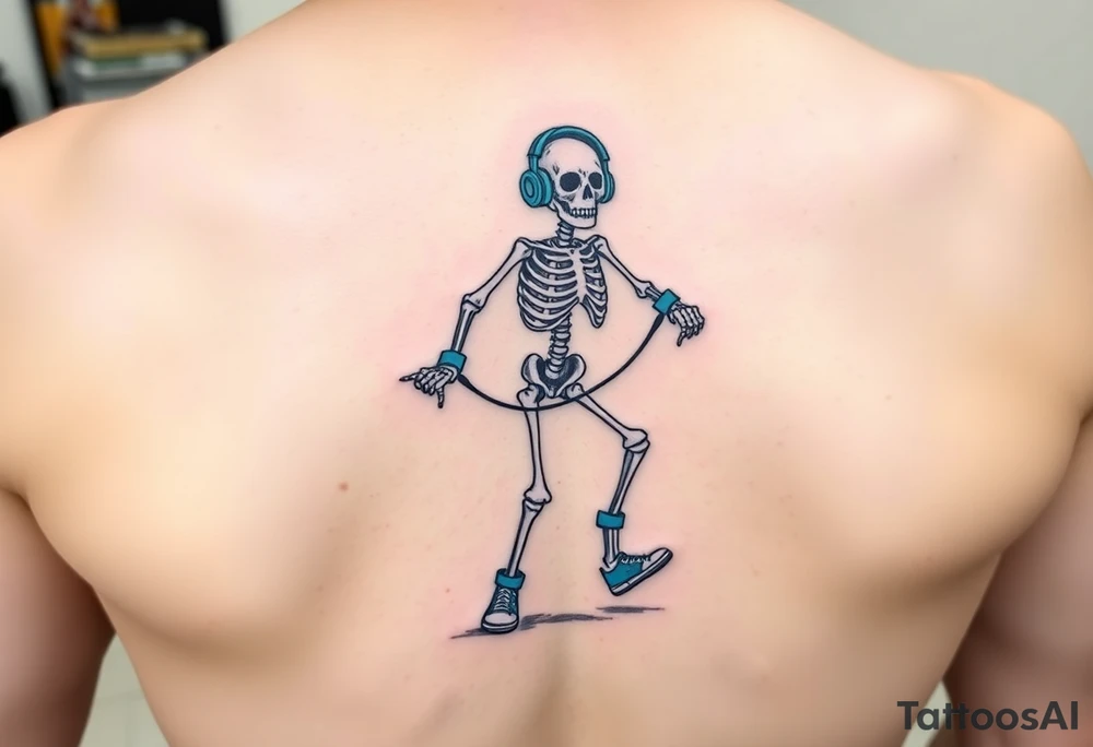 Minimalist funny looking skeleton skipping on a jumping rope with blue headphone blue tennis shoes blue arm bands and music notes colorful tattoo idea