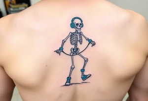 Minimalist funny looking skeleton skipping on a jumping rope with blue headphone blue tennis shoes blue arm bands and music notes colorful tattoo idea
