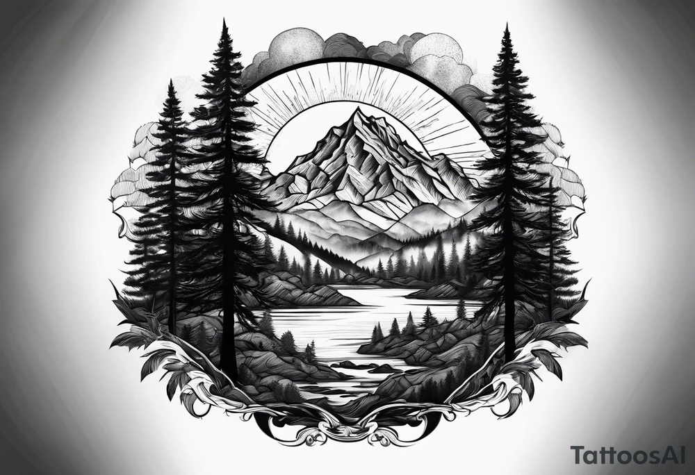 mountains and large trees and large sun tattoo idea