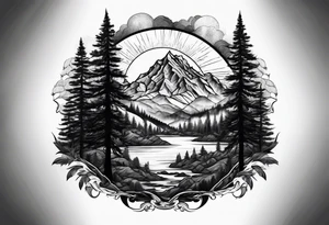 mountains and large trees and large sun tattoo idea