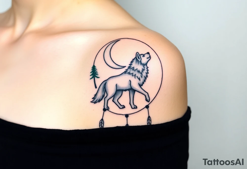 A wolf walking under a crescent moon within a dreamcatcher, surrounded by trees. The wolf is in black with white highlights, and the dreamcatcher is detailed with silver moon symbols and green leaves tattoo idea