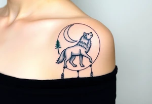 A wolf walking under a crescent moon within a dreamcatcher, surrounded by trees. The wolf is in black with white highlights, and the dreamcatcher is detailed with silver moon symbols and green leaves tattoo idea