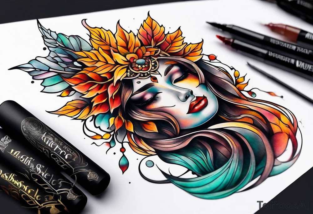 Knee tattoo in fall colors with water flow washes tattoo idea