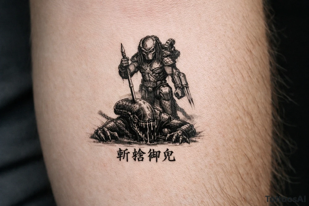 predator killing alien, alien is crawling from the ground. Predator stands up tall, driving his spear with his right hand through the xenomorphs big head with acid coming down, the spear nails the head to the ground. The predator's left shoulder has its laser gun pointed down. the Left forerarm has its famous doubled blade out. Below the image the japanese inscription for kirisute gomen tattoo idea