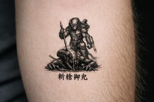 predator killing alien, alien is crawling from the ground. Predator stands up tall, driving his spear with his right hand through the xenomorphs big head with acid coming down, the spear nails the head to the ground. The predator's left shoulder has its laser gun pointed down. the Left forerarm has its famous doubled blade out. Below the image the japanese inscription for kirisute gomen tattoo idea