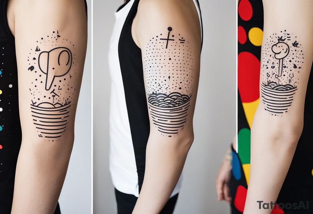 a simple line of icons down the back of the arm. each icon is half an inch big. they're all separated by small dots: a music note on a staff at the top, a wave of water beneath it, a pocket below that, followed by the mushroom from mario cart. the entire tatto is four inches down the arm and each icon is separated by two small dots. there is a lot of blank space tattoo idea