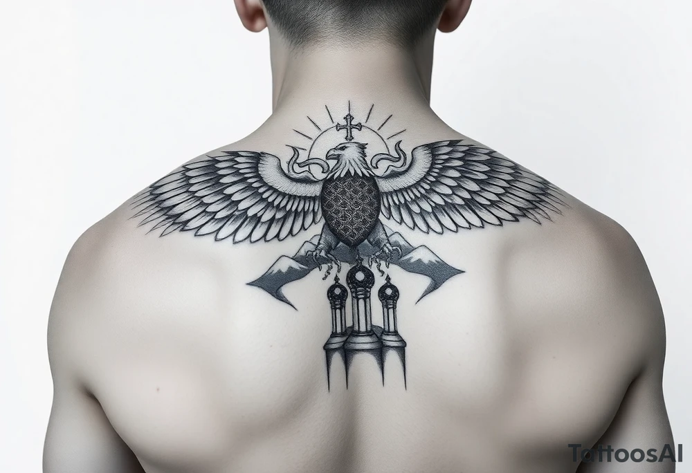 an actual russian coat of arms with the eagles wings spanning out on my back neck across my shoulders / traps with a orthodox christian church being visible in a mountainous sun beaming setting, with the russian orthodox cross spire of the orthodox church being visible on my neck with a sun beaming in the background that the cross sits inside tattoo idea