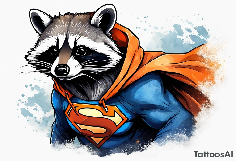 Raccoon wearing an orange Superman hoodie tattoo idea