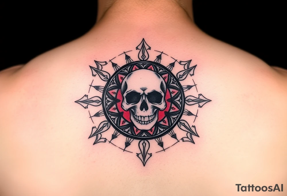 "Pepsi logo deconstructed into a sand mandala. Pixelated skull in center. Black and red ink, sacred geometry style, symmetrical." tattoo idea