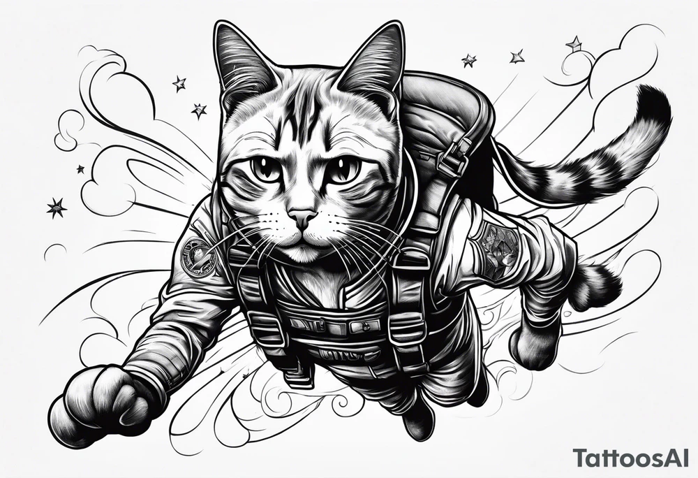 cat going skydiving with parachute in the rick and morty style tattoo idea