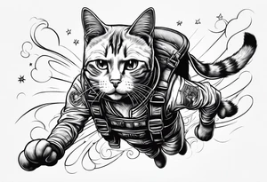 cat going skydiving with parachute in the rick and morty style tattoo idea