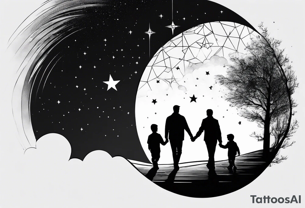 2 fathers and 1 little kid walking looking the stars tattoo idea