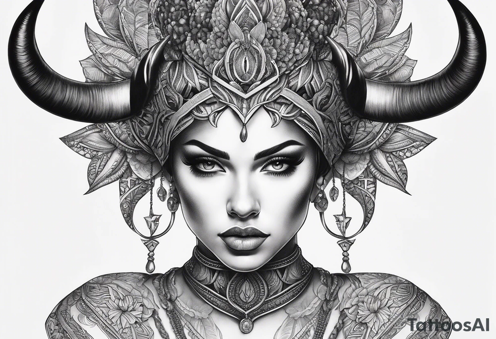 symmetrical woman head with curved horns facing downwards dark realism looking front facing view, ultra-detailed, high quality, high sharpness, hyper-realism, hyper-photorealistic, hyper-realistic tattoo idea