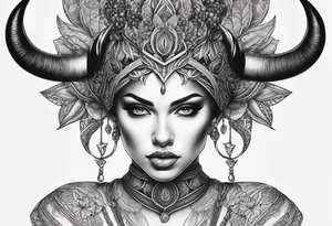 symmetrical woman head with curved horns facing downwards dark realism looking front facing view, ultra-detailed, high quality, high sharpness, hyper-realism, hyper-photorealistic, hyper-realistic tattoo idea