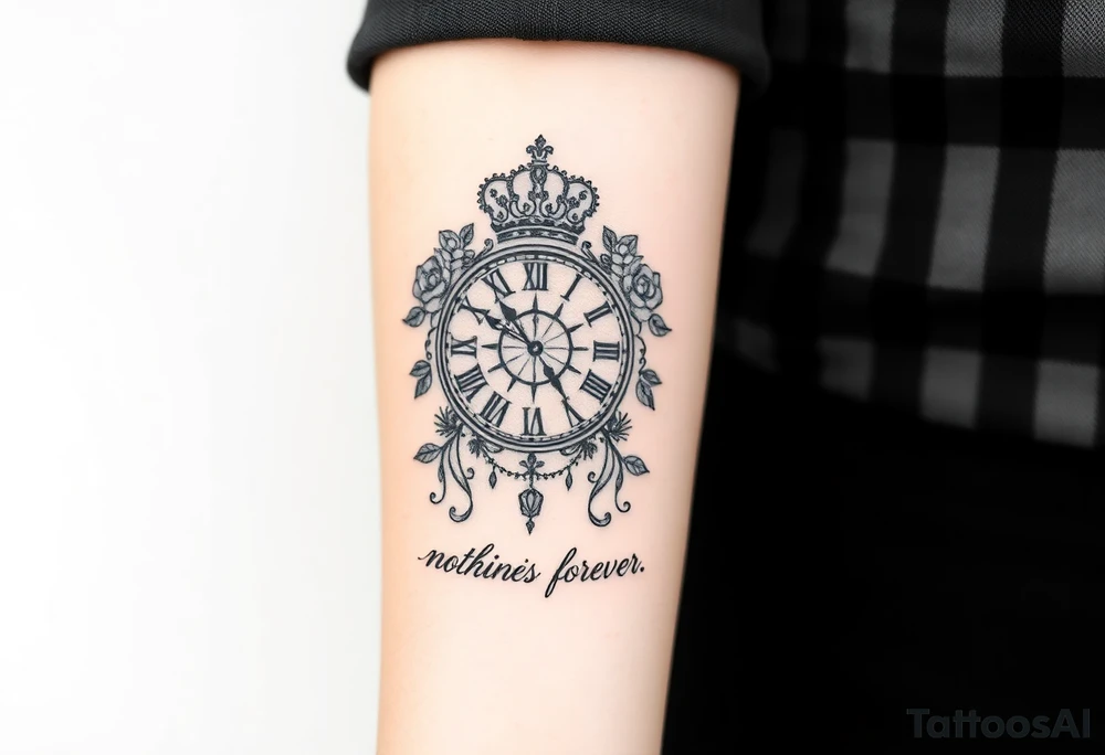 Roman clock with roses and a crown, a quote that says nothings forever. and on the bottom a deck of cards tattoo idea