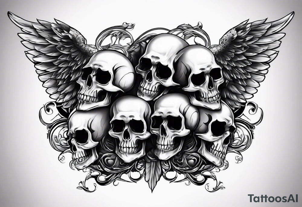 See no evil hear no evil speak no evil  skulls go down the back with angel wings wrapped around the skulls tattoo idea