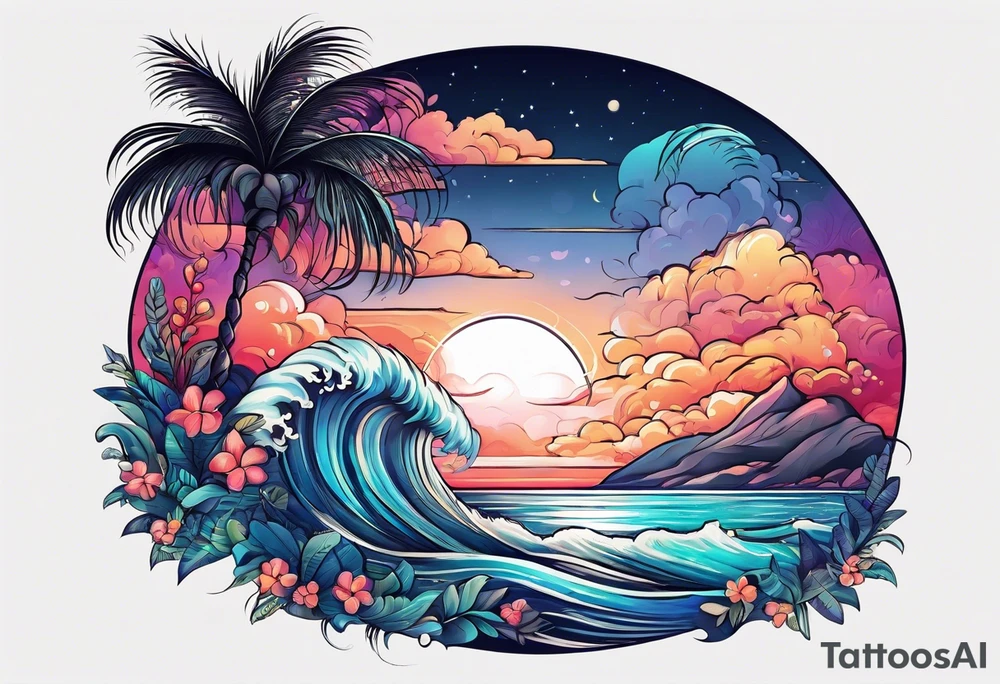 sea,, night, flower, palm, tattoo idea