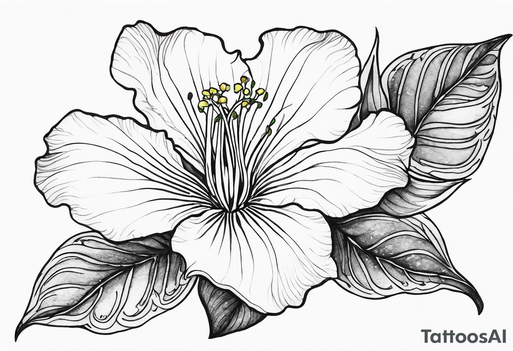 An outline of a rio dipladenia flower with a green and purple watercolor sky in the background tattoo idea