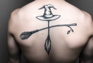 Which is broom with a witches hat with vines and feathers on your leg 
Smaller broom with hat placed on top or in the middle tattoo idea