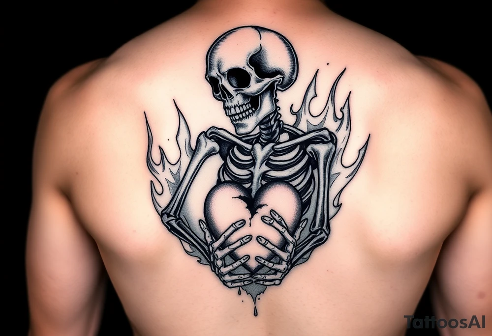 Skeleton in agony, heart broken, surrounded by flames tattoo idea