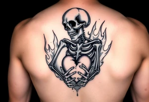 Skeleton in agony, heart broken, surrounded by flames tattoo idea