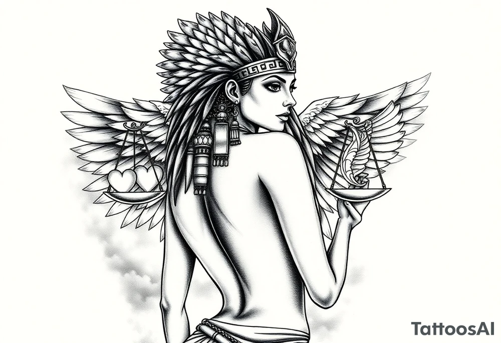 Sexy Egyptian goddess with a curvy body, slightly turned So you can see her ass. She is wearing an ostrich feather headdress, and intricate ancient Egyptian jewelry. Background includes something similar to heaven. Incorporate the Scales of Justice—one side holding a heart, the other Ma’at’s feather—glowing with ethereal energy. Emphasize dramatic lighting, deep shadows, and surreal, mystical atmosphere tattoo idea