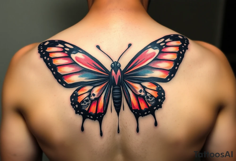 powerful majestic and dark monarch butterfly with skull detail in the wings
hidden skulls in wings, skull detail making the body of the butterfly with a horror style dripping effect, including blue, red and white colouring tattoo idea